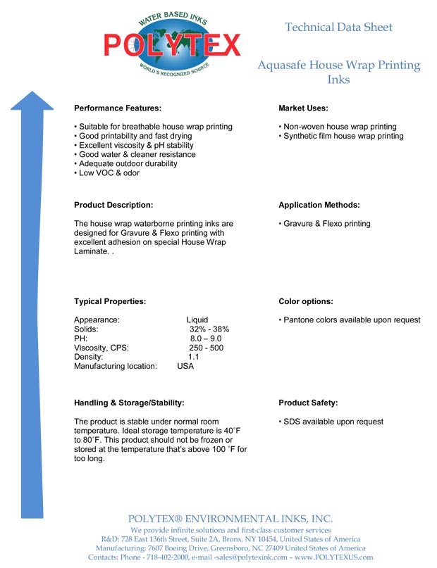 Aquasafe House Wrap Printing Inks